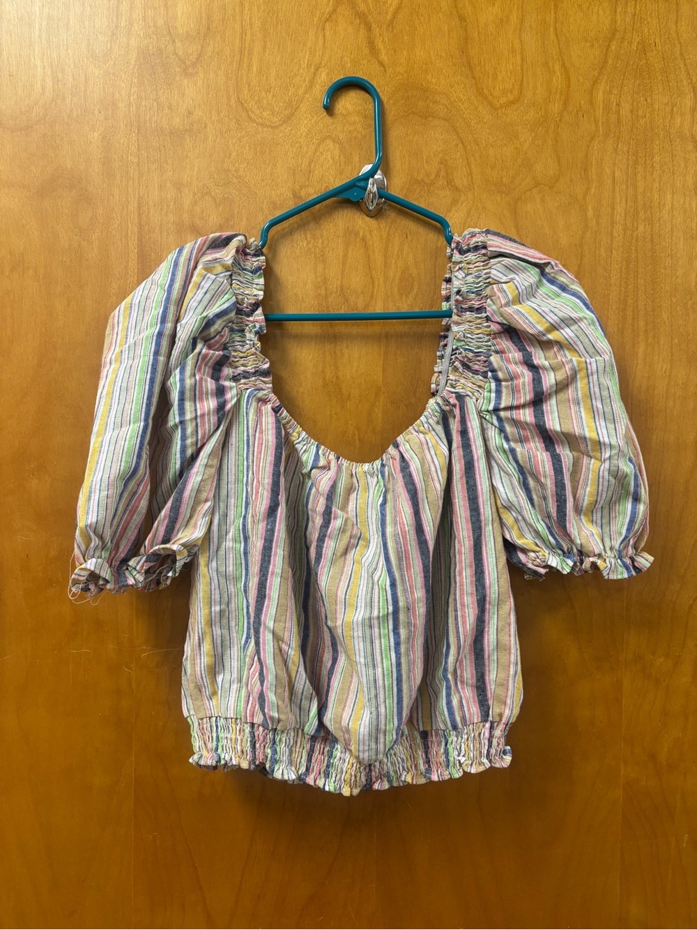 Lumiere Pastel Striped Puff-Sleeve Blouse